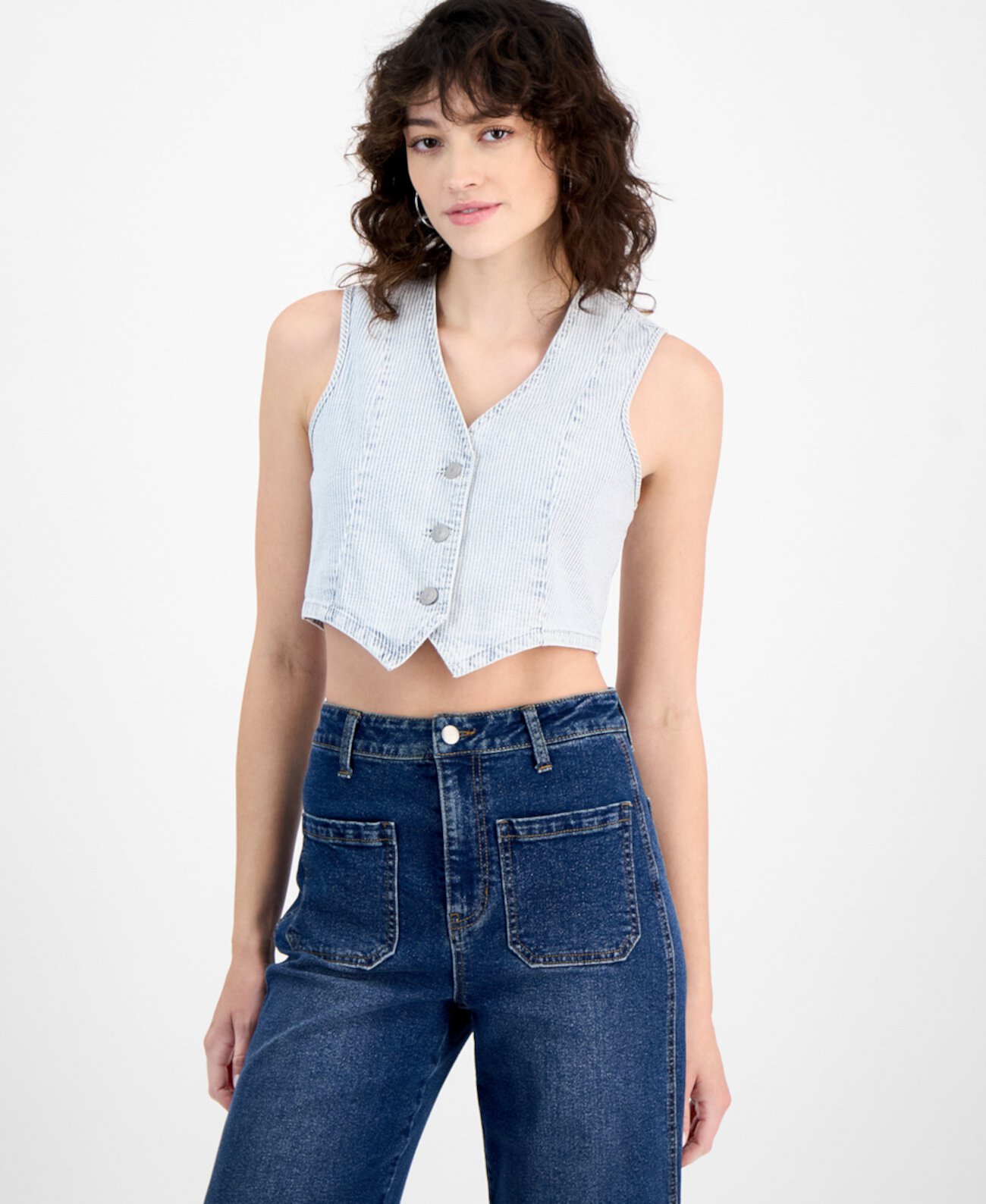 Women's Striped Button-Front Denim Vest, Exclusively at Macy's And Now This