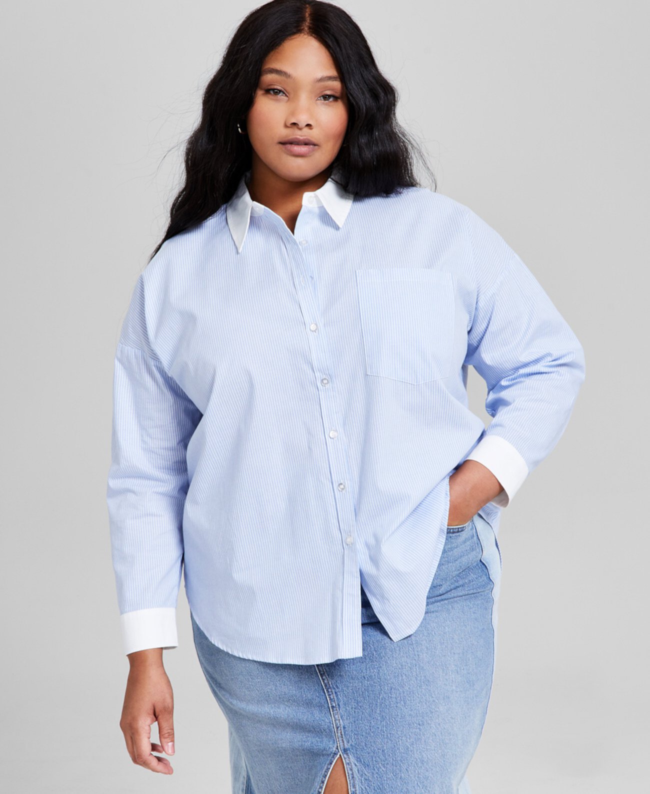 Trendy Plus Size Cotton Striped Contrast Shirt, Exclusively at Macy's And Now This