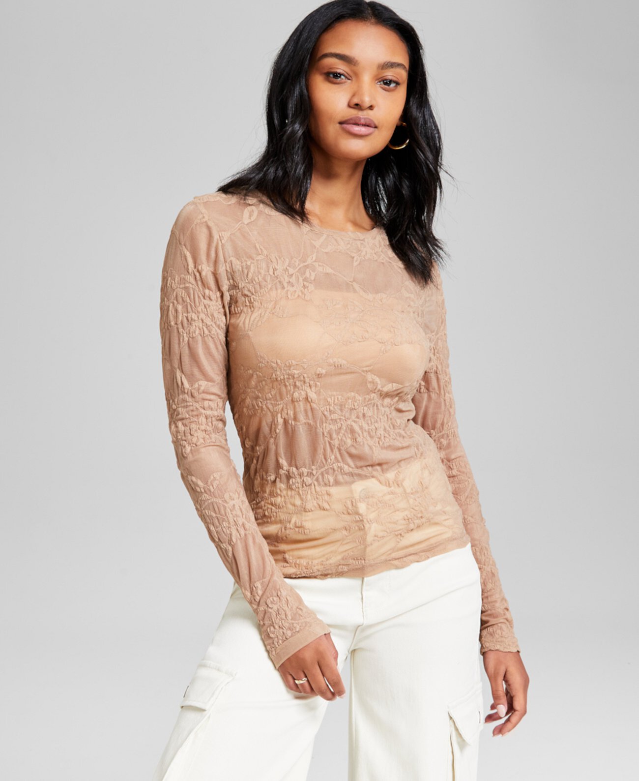 Women's Floral Crewneck Long-Sleeve Mesh Top, Exclusively at Macy's And Now This