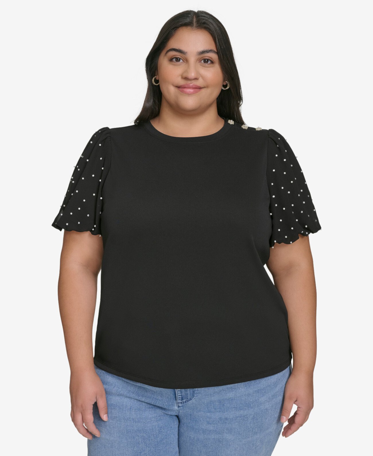 Plus Size Embellished Puff-Sleeve T-Shirt, Exclusively at Macy's Karl Lagerfeld Paris