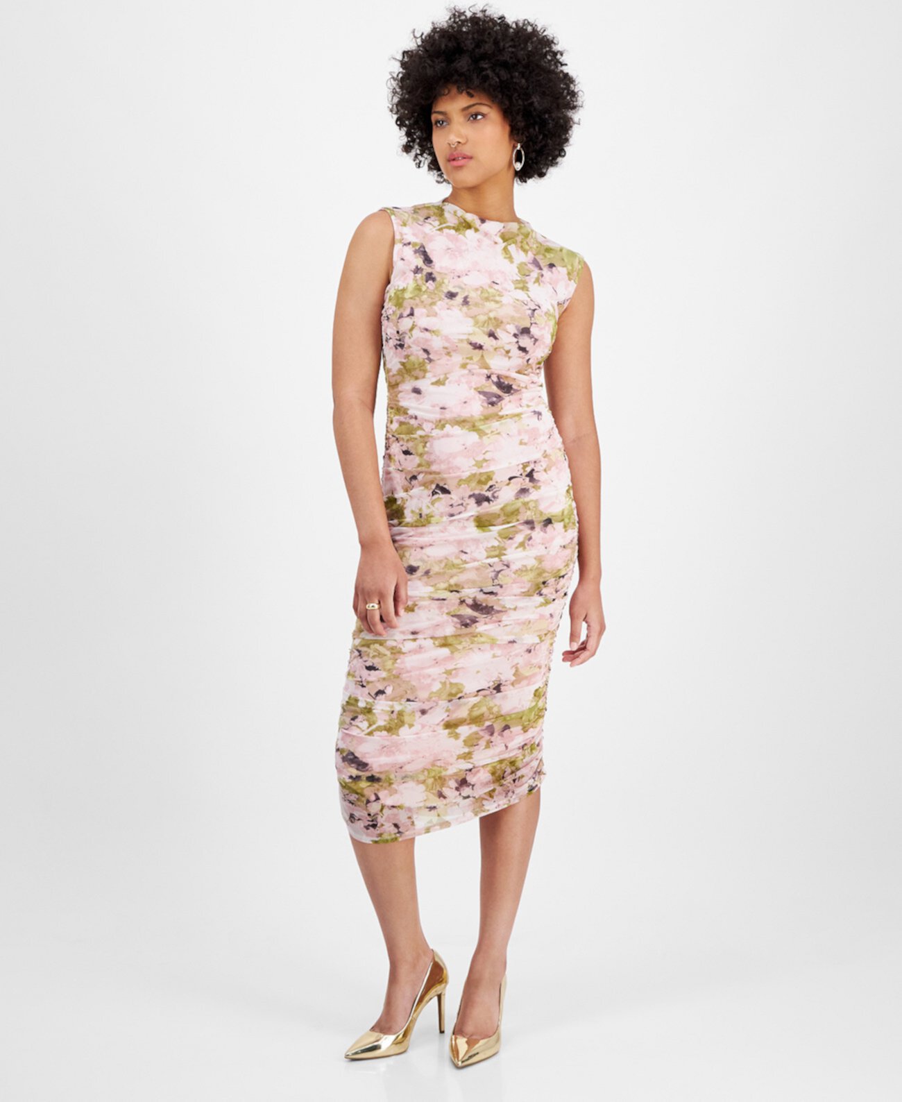 Women's Floral Mesh Ruched Sleeveless Dress, Exclusively at Macy's Bar III