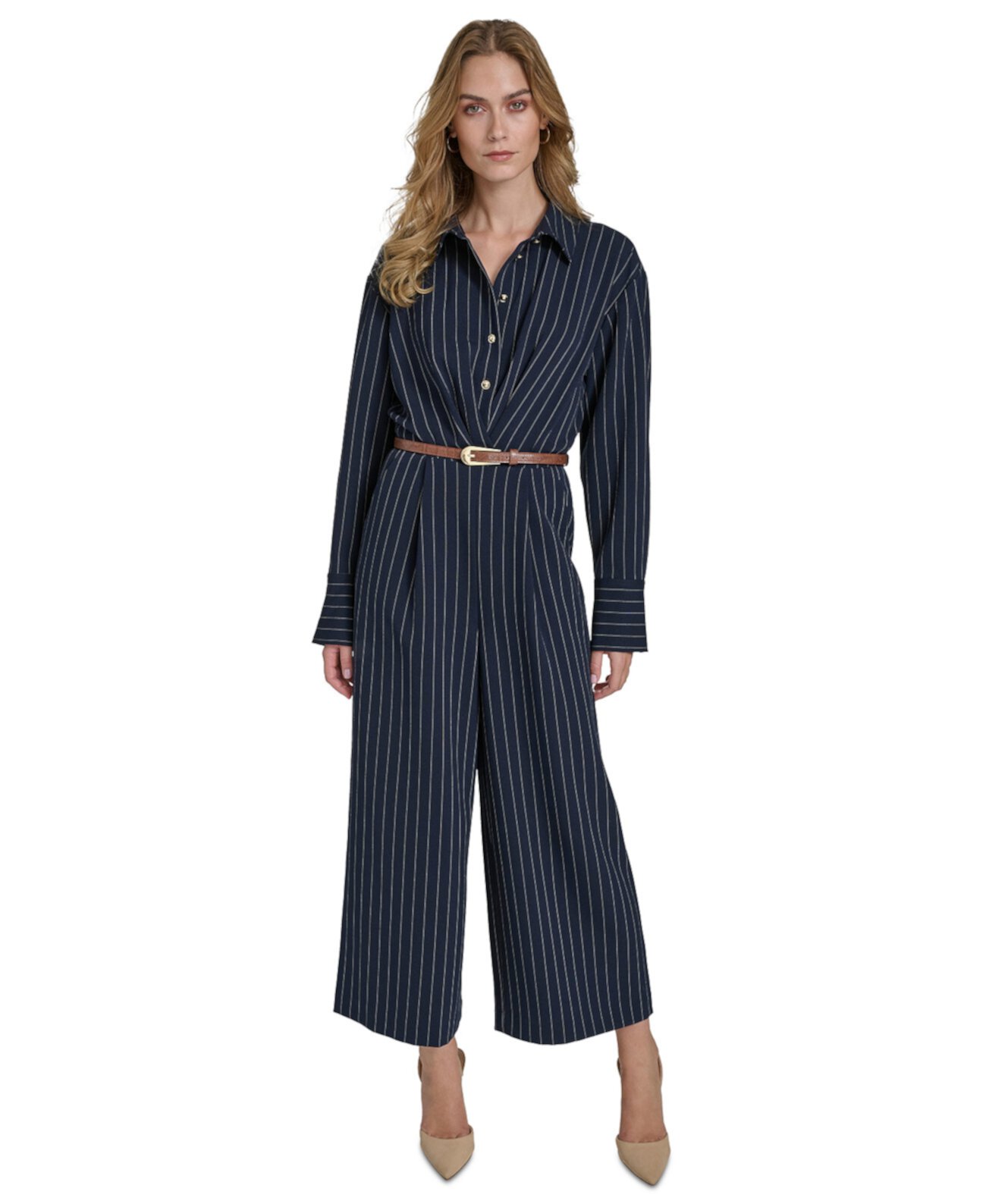 Women's Pinstripe Long-Sleeve Belted Wide-Leg Jumpsuit Halston