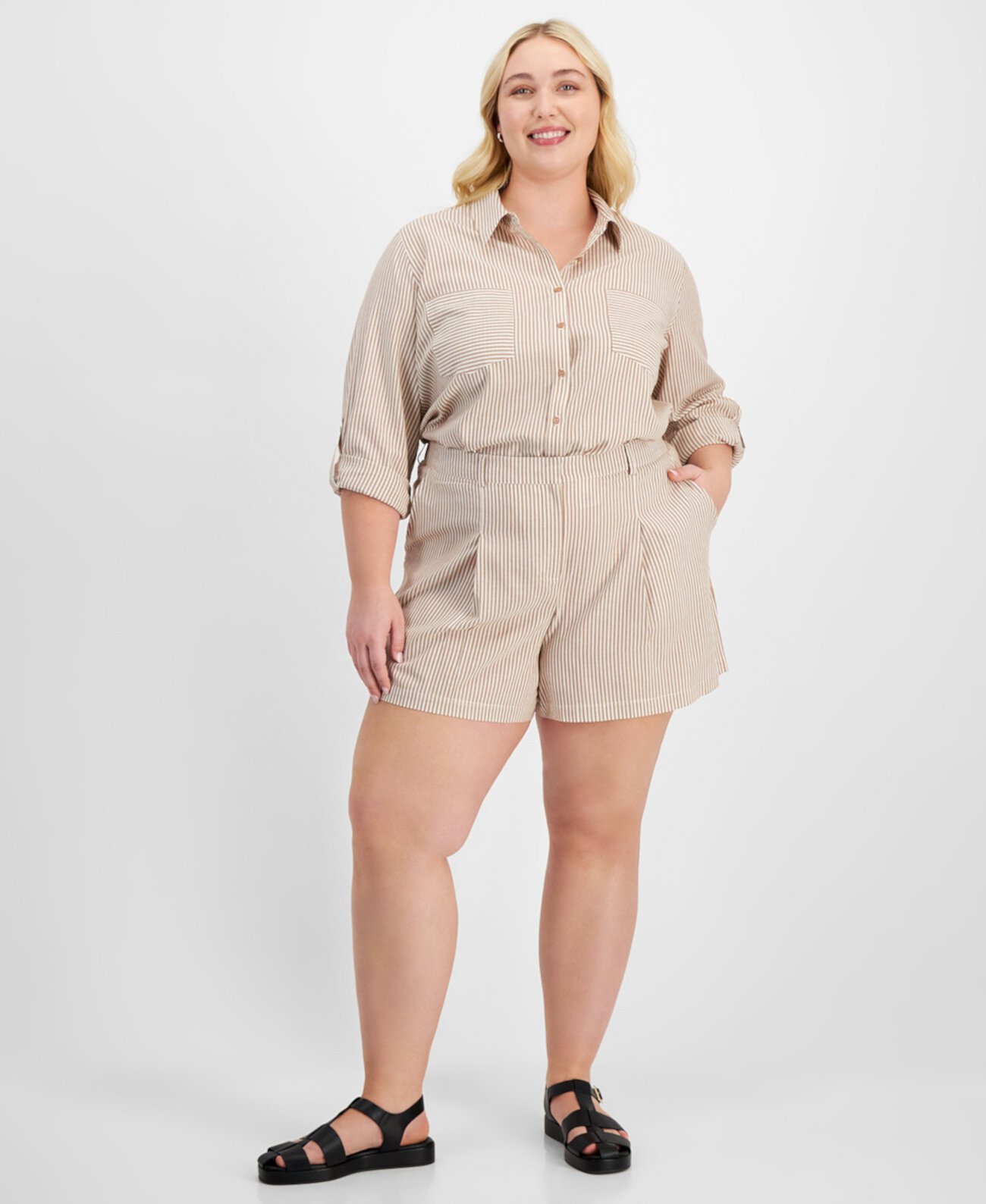 Trendy Plus Size Striped Front-Pleat Shorts, Exclusively at Macy's And Now This