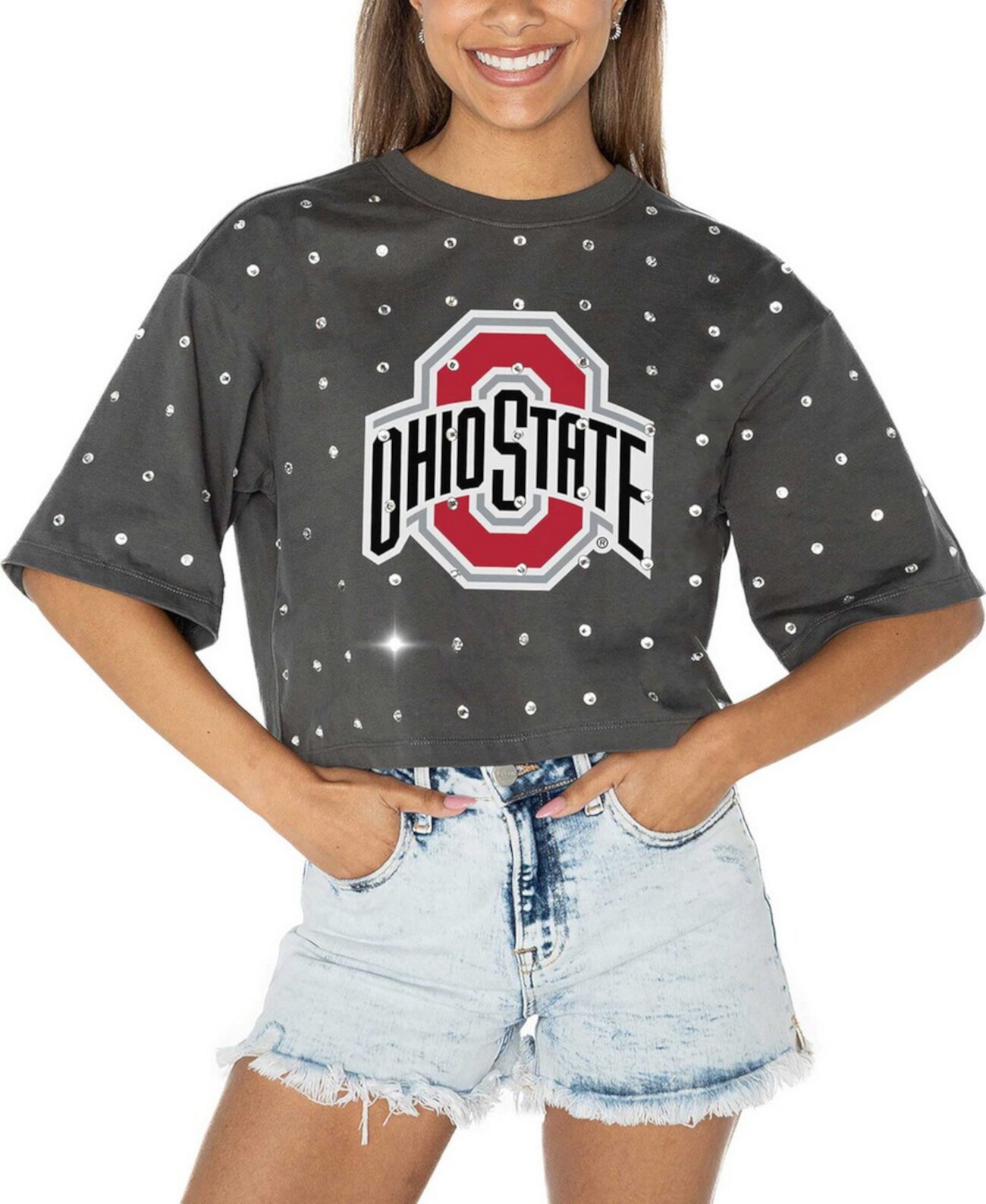 Women's Gray Ohio State Buckeyes Go Time Rhinestone Crop T-Shirt Gameday Couture