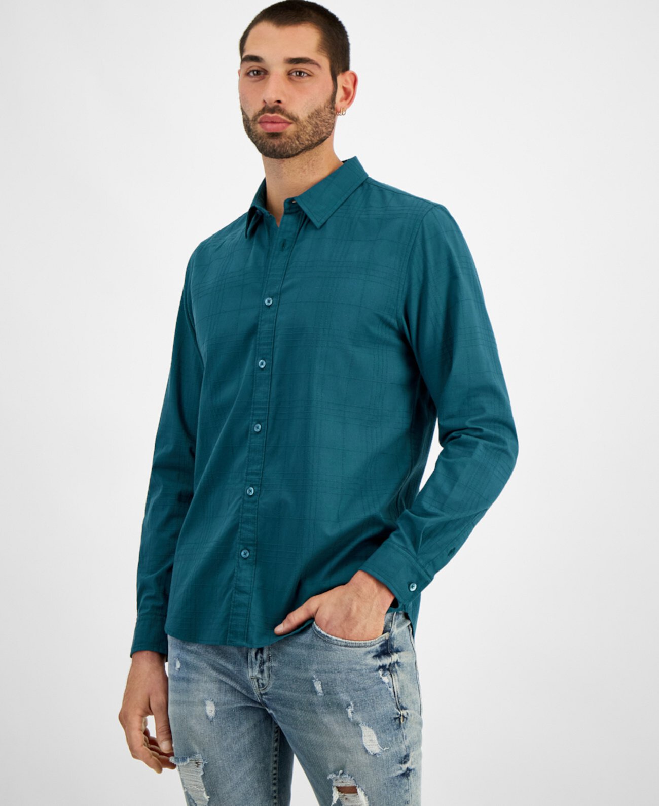 Men's Regent Relaxed-Fit Tonal Stitched Plaid Button-Down Shirt Guess