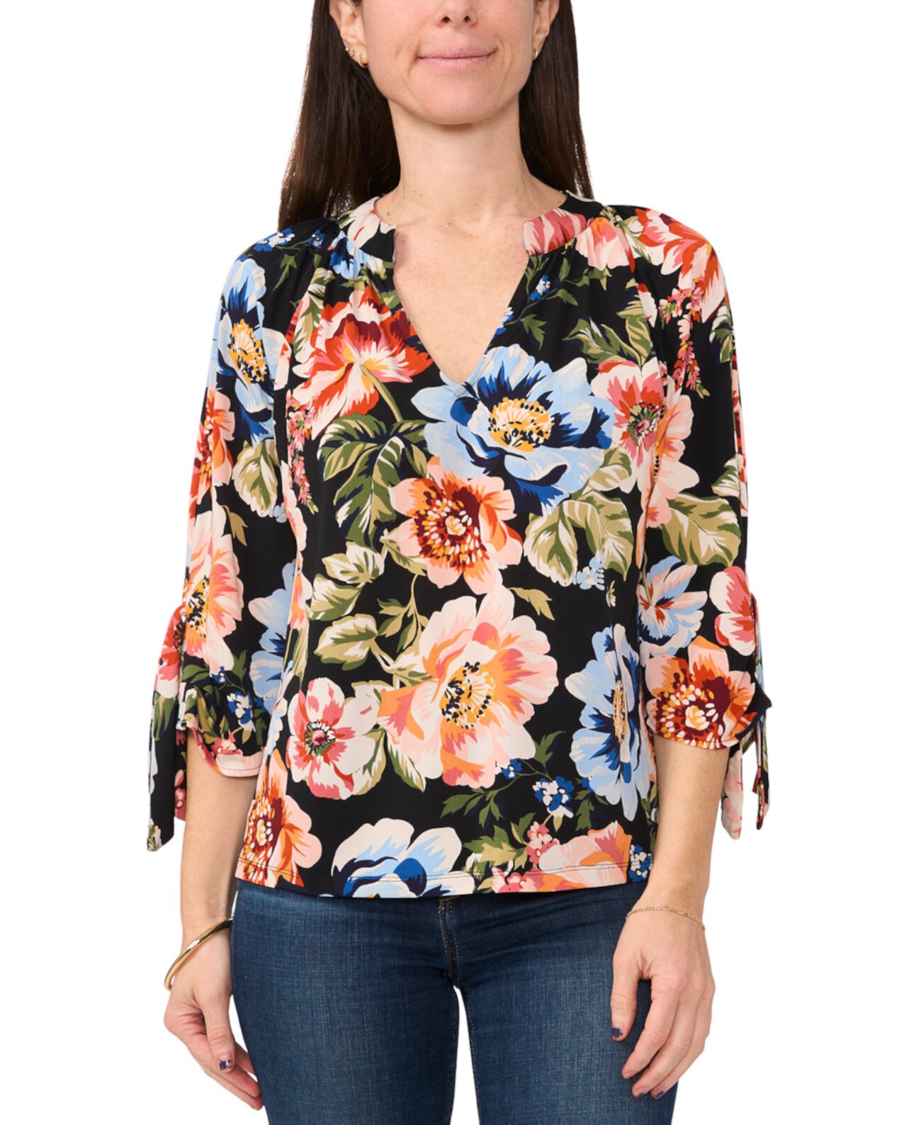 Petite Printed V-Neck 3/4-Tie-Sleeve Top Sam & Jess