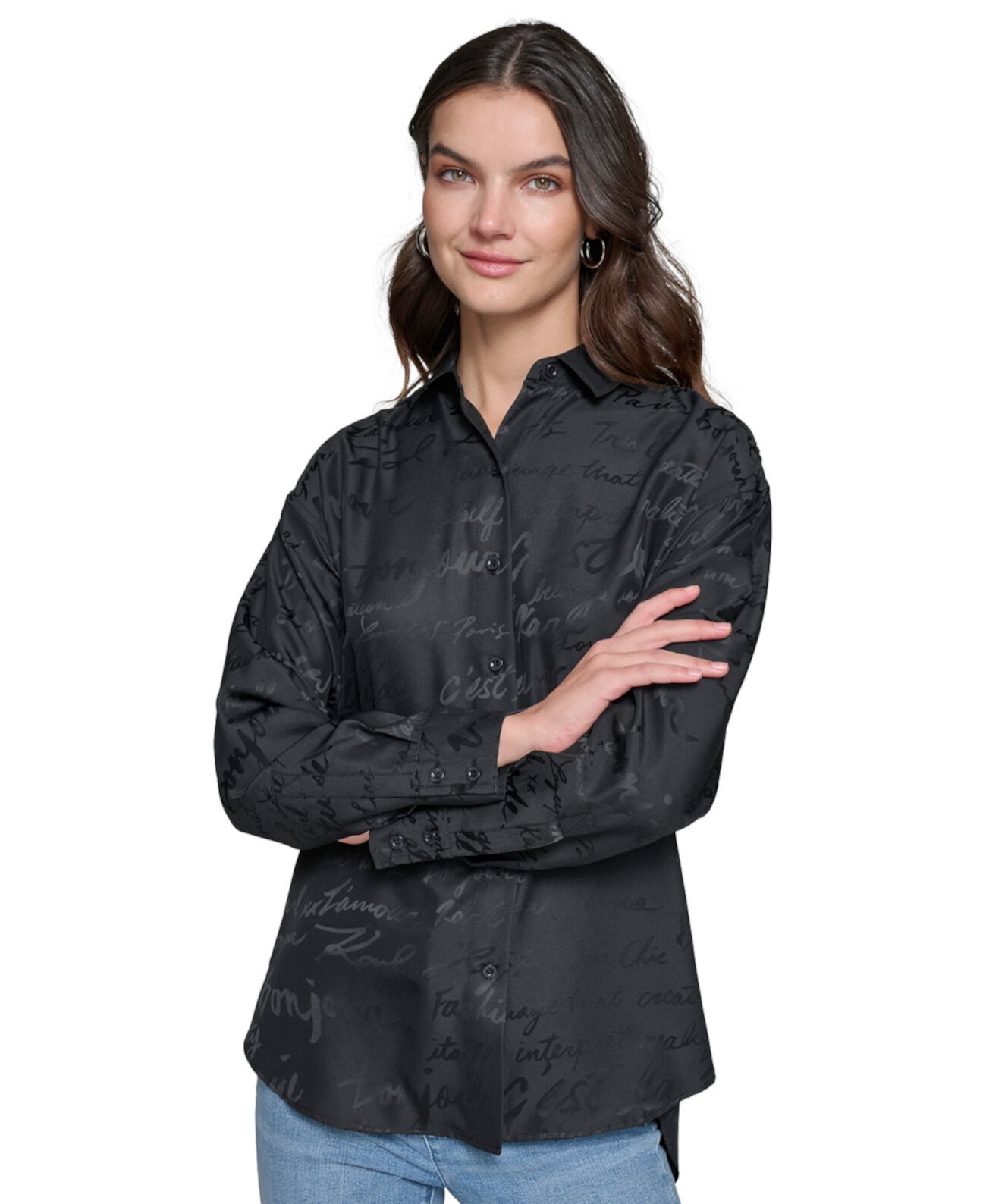 Women's Oversized Satin Tonal Jacquard-Print Button-Front Top Karl Lagerfeld Paris