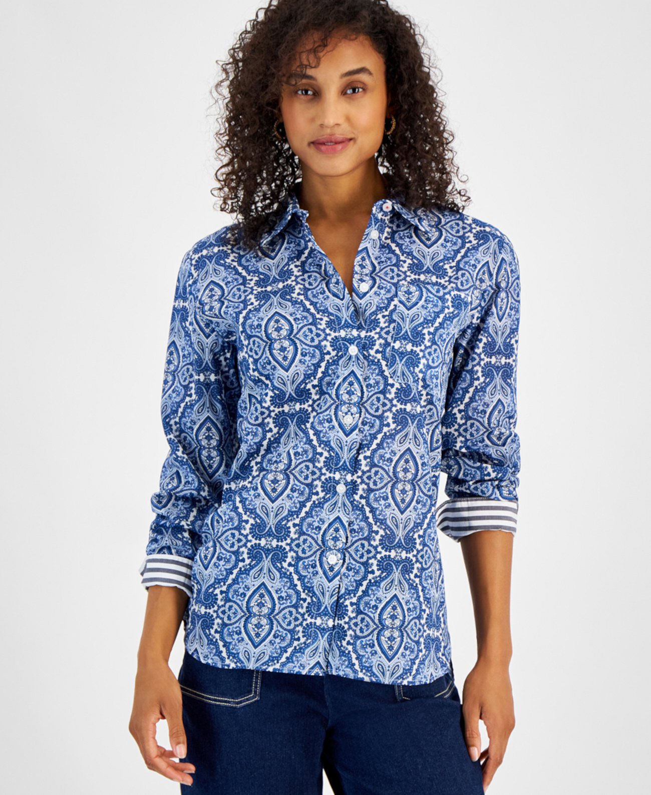 Women's Lisboa Cotton Paisley-Print Striped-Cuff Blouse Nautica Jeans