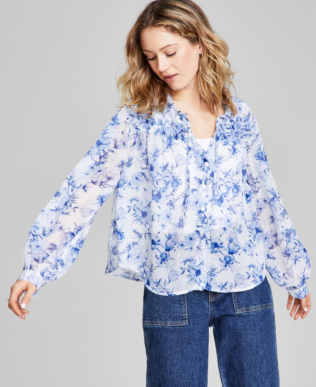 Women's Floral-Print Button-Front Ruffled Tie-Neck Woven Blouse And Now This