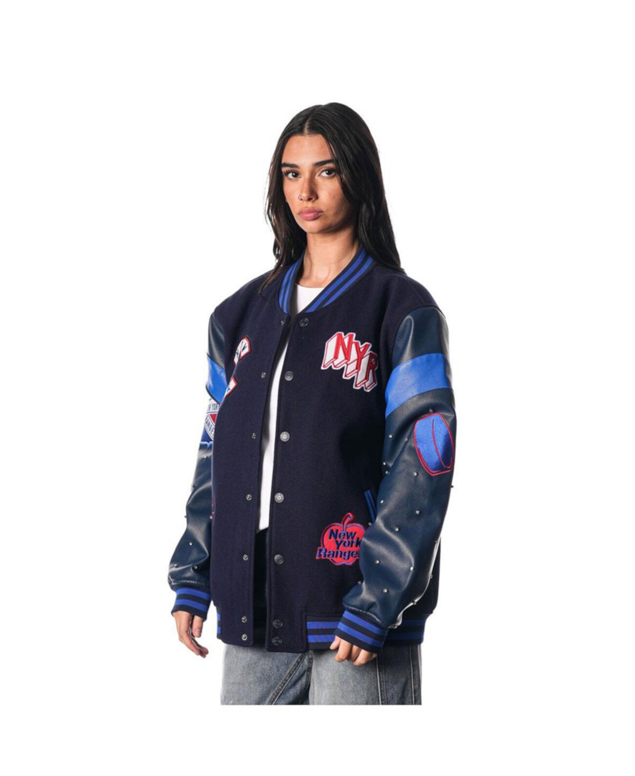 Women's Blue New York Rangers Full-Snap Varsity Jacket The Wild Collective