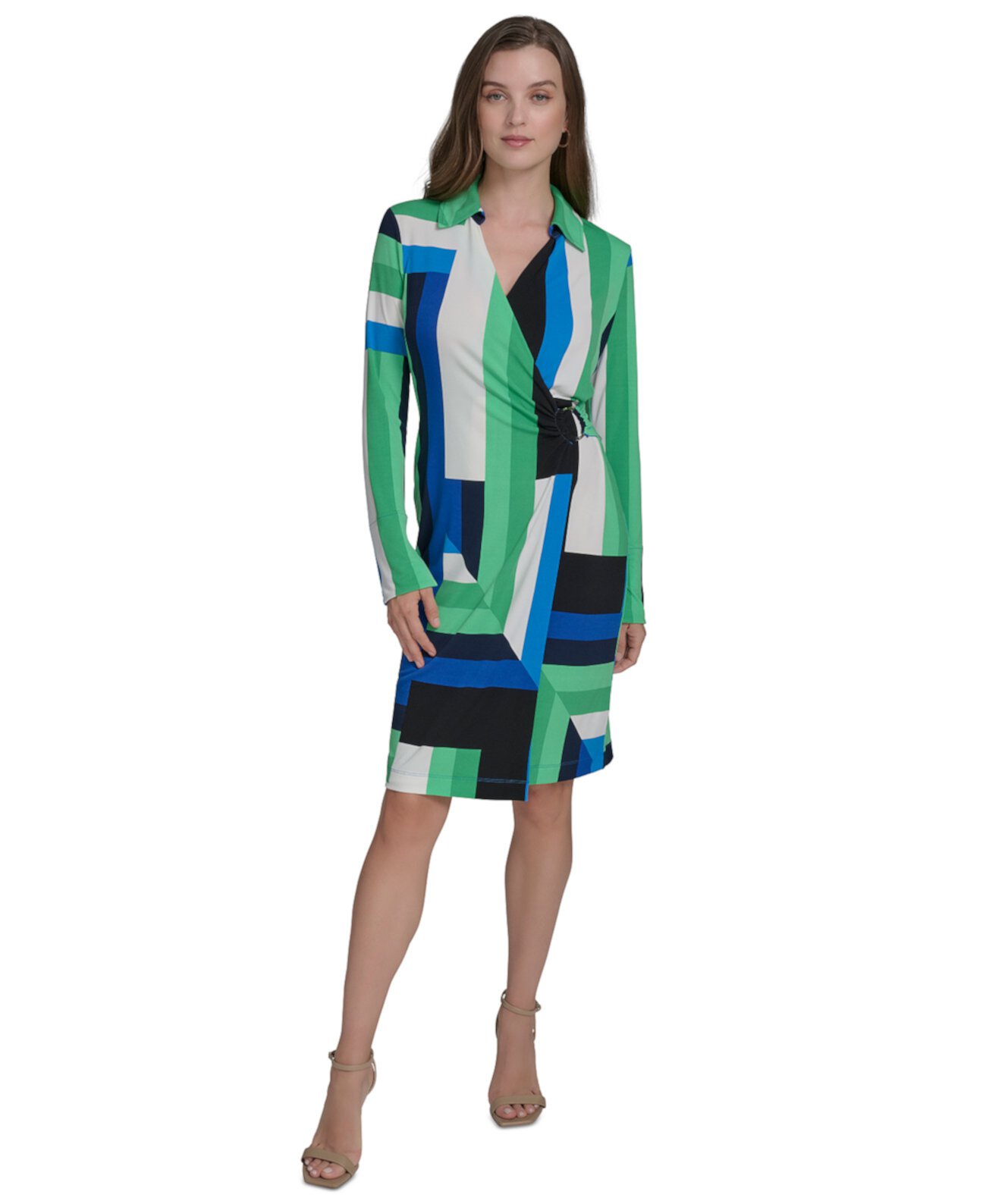 Women's Printed Faux-Wrap Long-Sleeve Sheath Dress Halston