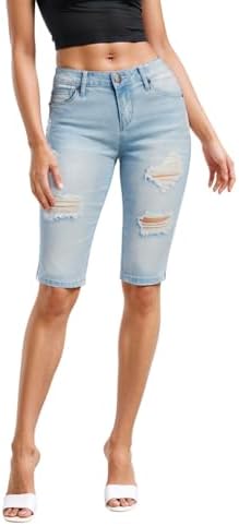 Hybrid & Company Women's Super Comfy Stretch Destructed Denim Bermuda Shorts Capri Hybrid & Company