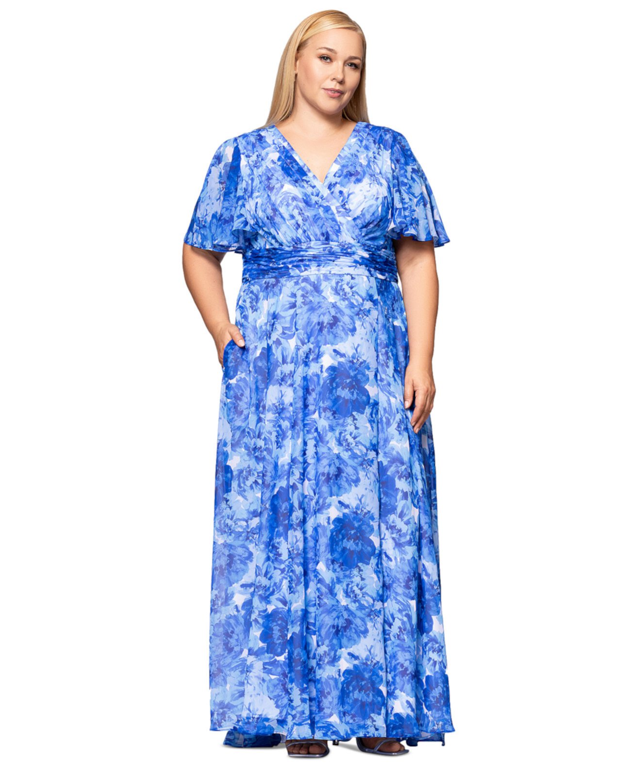 Plus Size V-Neck Printed-Metallic A-Line Gown Betsy & Adam