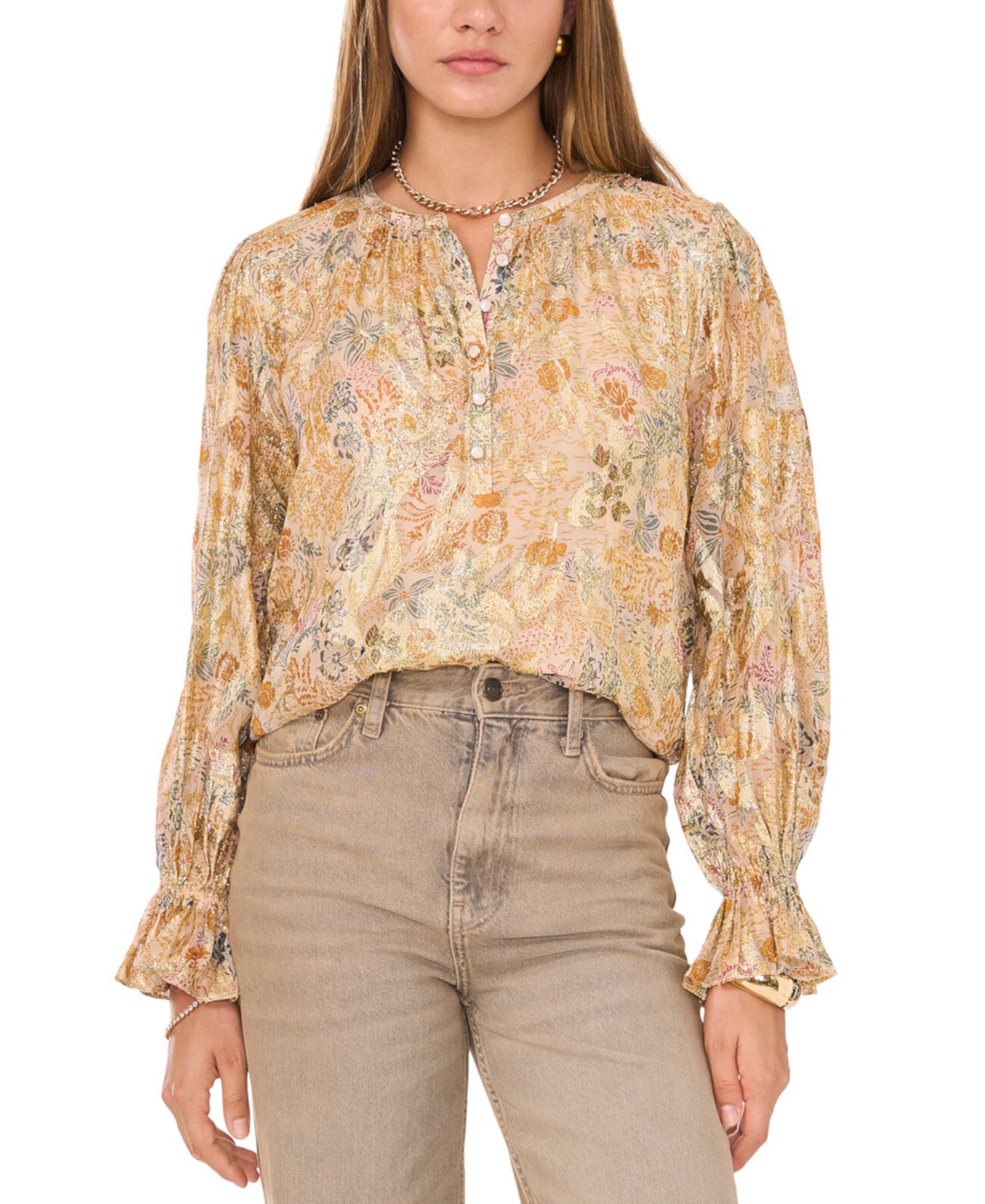 Women's Printed Button-Front Long Sleeve Blouse 1.State