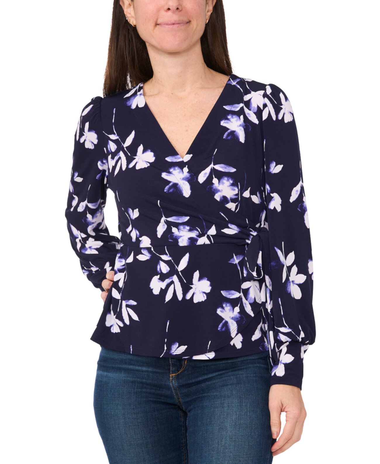 Women's Floral Surplice-Neck Long-Sleeve Wrap Top Sam & Jess