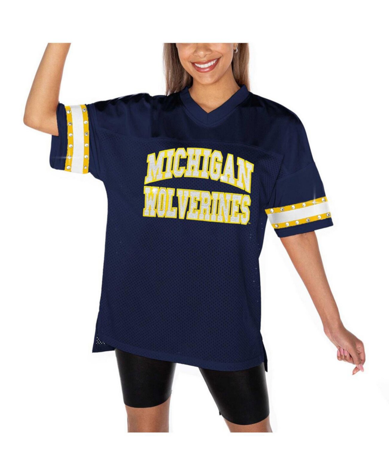 Women's Navy Michigan Wolverines Until Kickoff Rhinestone Fashion T-Shirt Gameday Couture