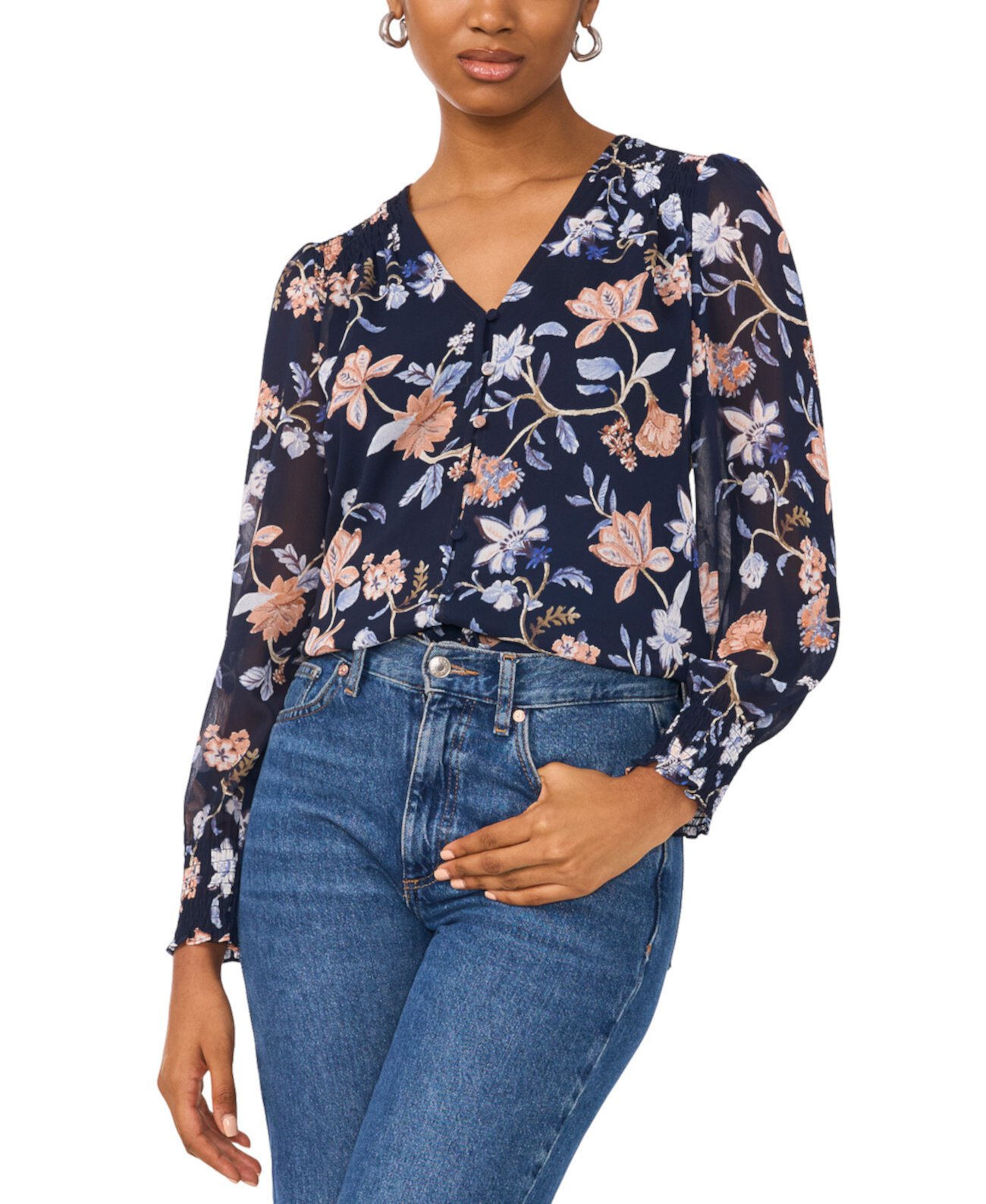 Women's Floral Smocked-Cuff V-Neck Blouse Sam & Jess