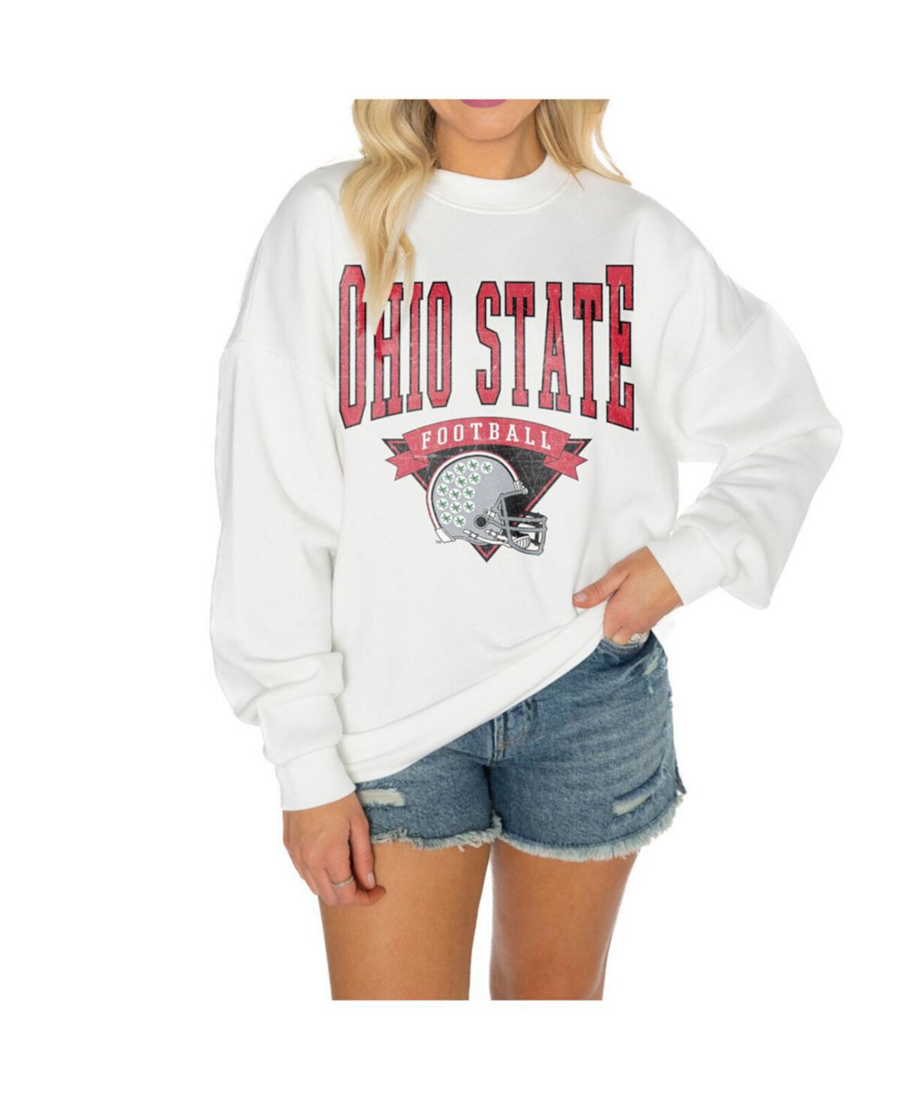 Women's White Ohio State Buckeyes Good Vibes Premium Fleece Drop Shoulder Pullover Sweatshirt Gameday Couture