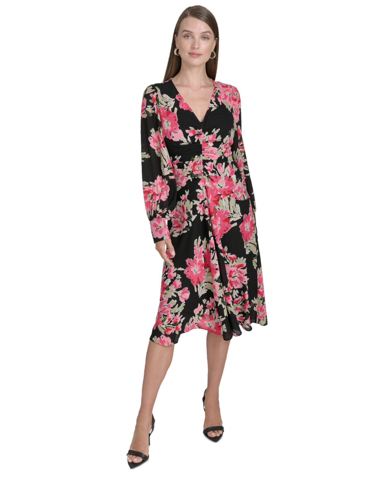 Women's Floral-Print Ruched Fit & Flare Dress Halston