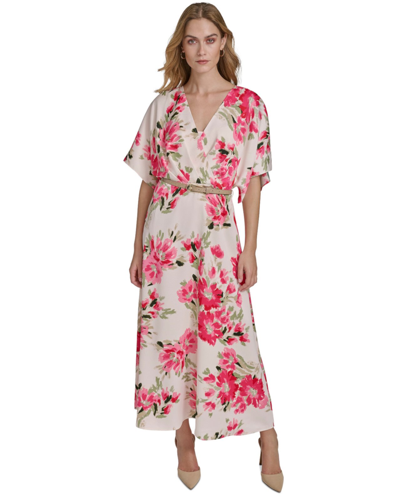 Women's Satin Floral-Print Belted Dress Halston