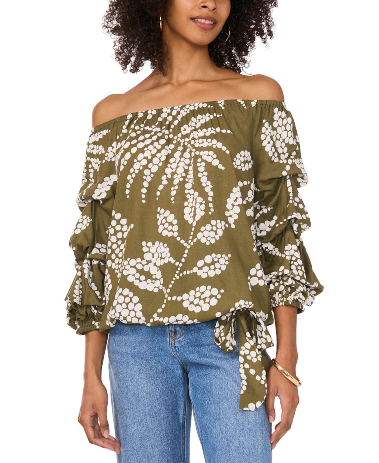 Women's Printed Off-The-Shoulder Bubble-Sleeve Top Vince Camuto