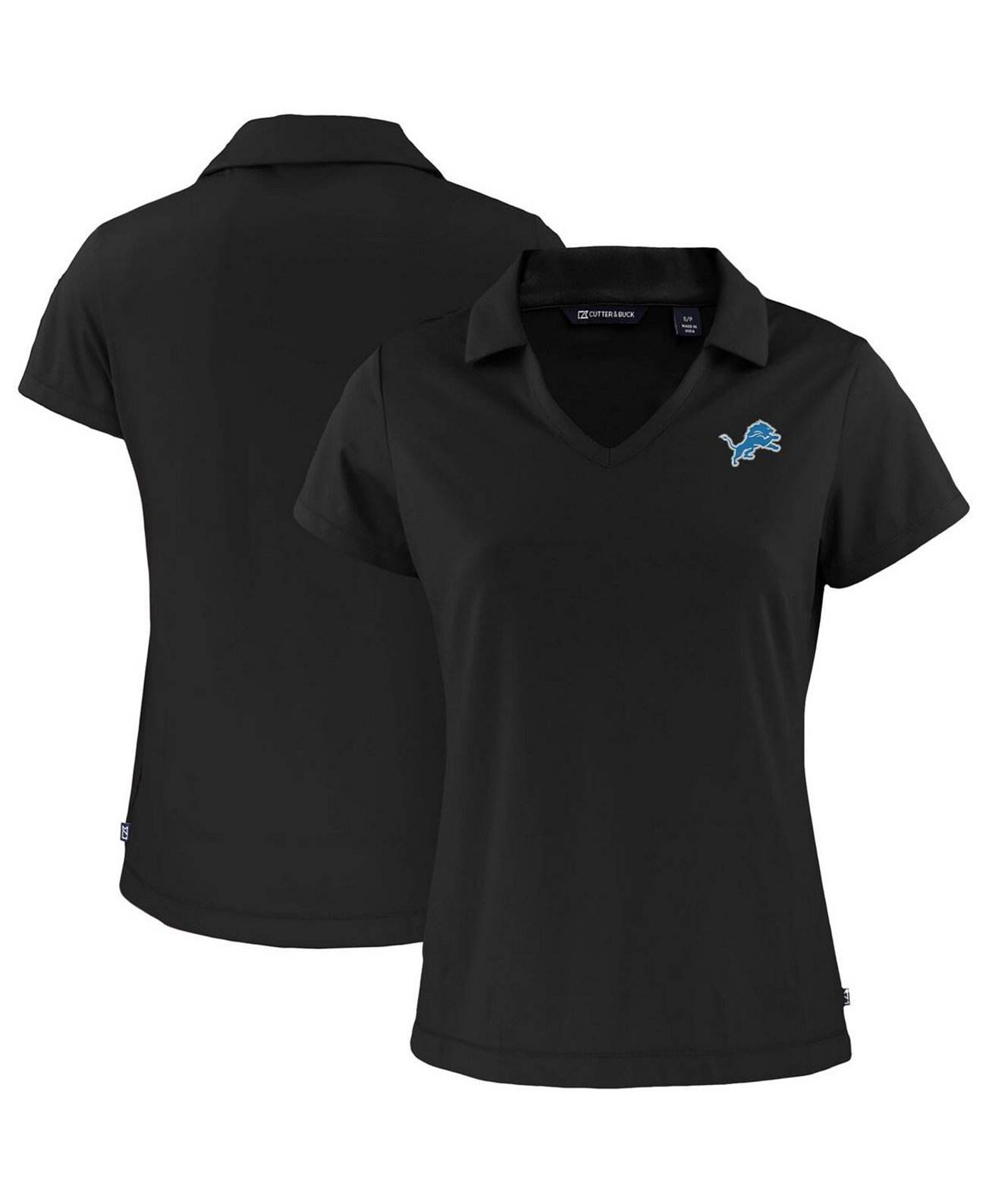 Women's Black Detroit Lions Primary Mark Daybreak Eco V-Neck Polo Cutter & Buck