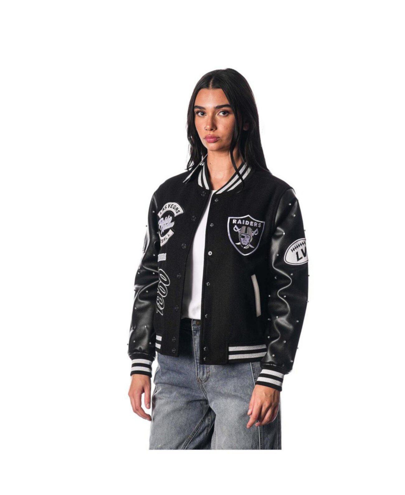 Women's Black Las Vegas Raiders Varsity Full-Snap Sparkle Jacket The Wild Collective