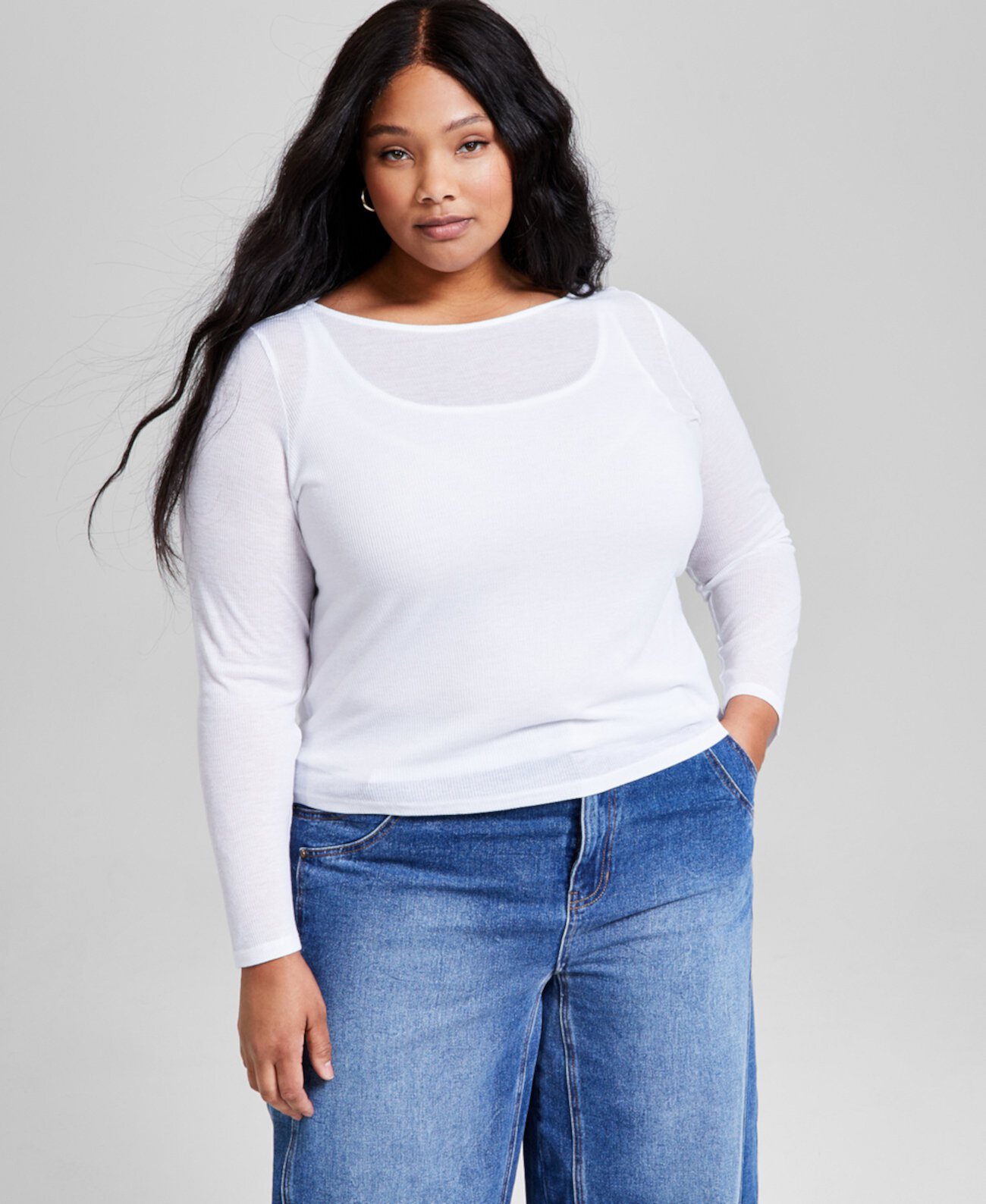 Trendy Plus Size Solid Boat-Neck Long-Sleeve Layered Top, Exclusively at Macy's And Now This