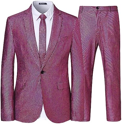 WULFUL Men's 2 Piece Disco Outfit 70s Costume Sequin Jacket and Pants Halloween Party Prom Suits with Tie Wulful