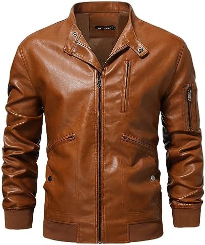 WULFUL Men's Faux Leather Jacket Stand Collar Lightweight Bomber Jacket Wulful