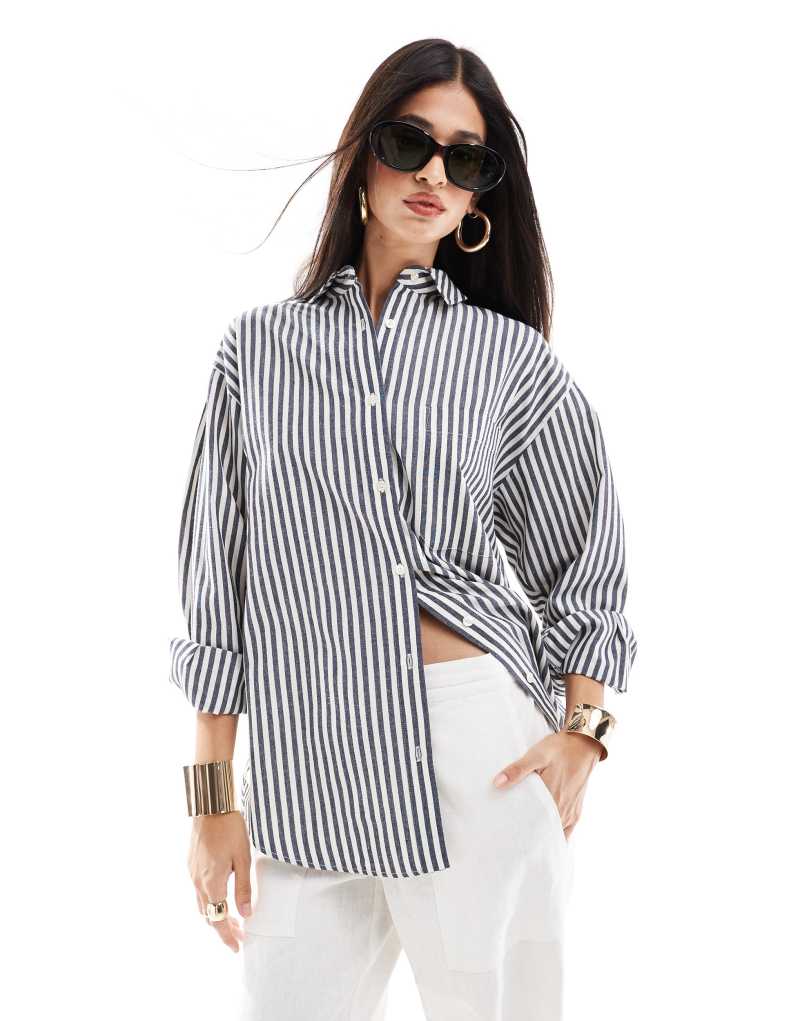 ASOS DESIGN linen look oxford shirt in navy stripe Asos Design