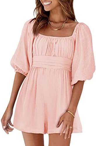 Dokotoo Women's Rompers Lantern Sleeves Ruffle High Waisted Short Back Tie Jumpsuit Square Neck One Piece Playsuits Dokotoo