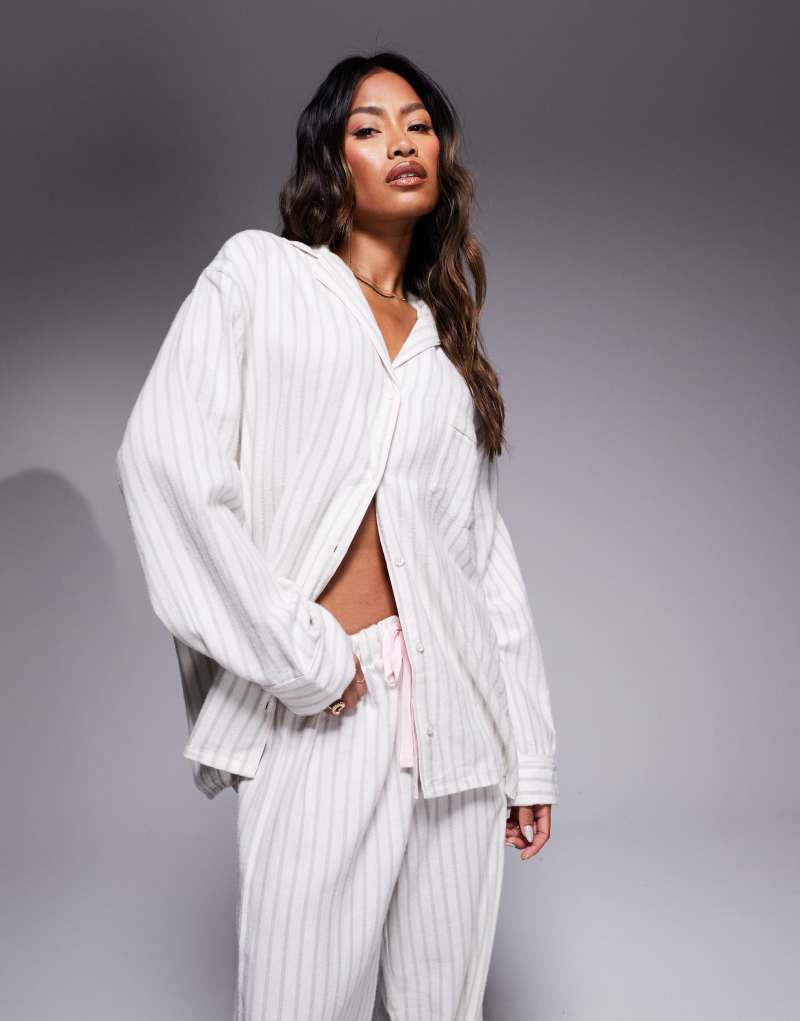 ASOS DESIGN brushed woven striped oversize shirt and pants pajama set in gray Asos Design