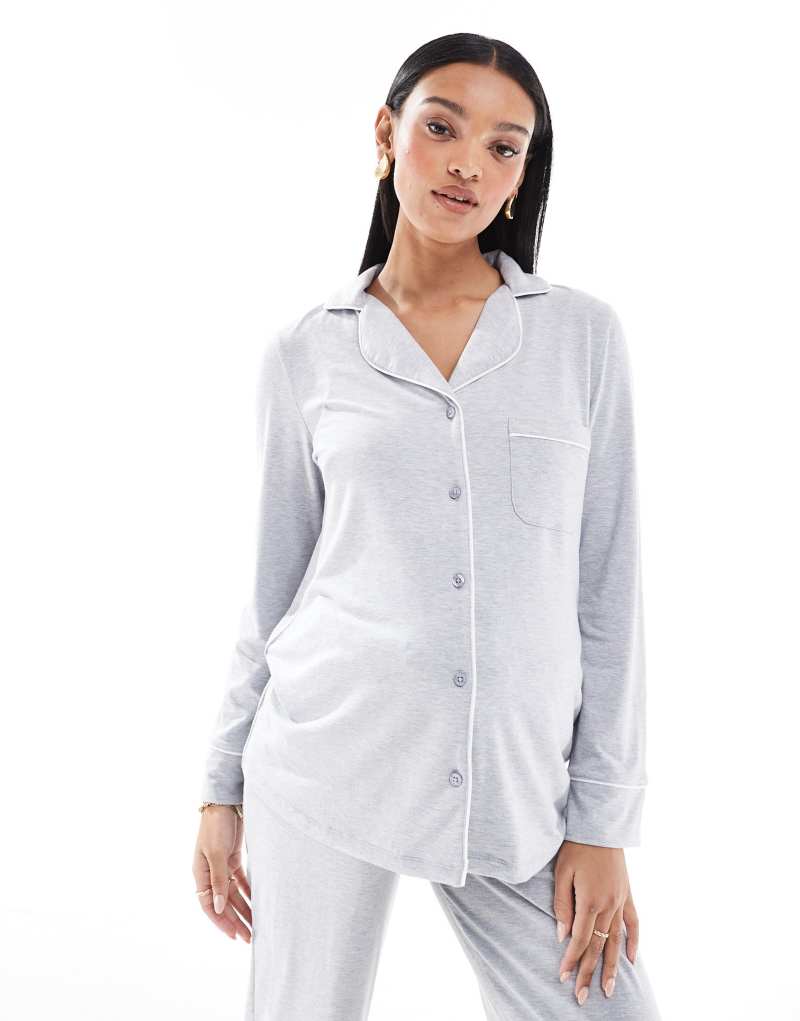 ASOS DESIGN Maternity super soft long sleeve shirt & pants pajama set with contrast piping in gray heather ASOS Maternity