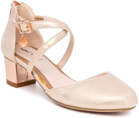 Nine West Girls Sandals Low Heel Dress Pump Ankle Strap Closed Toe Wedding Party-Mia-Rose Gold-Size 1 Nine West