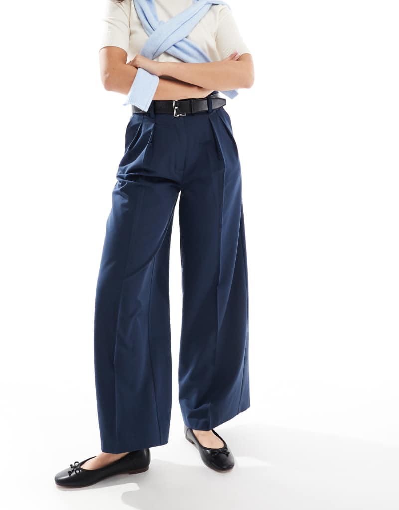 ASOS DESIGN tailored relaxed cropped pants with faux leather belt in navy Asos Design