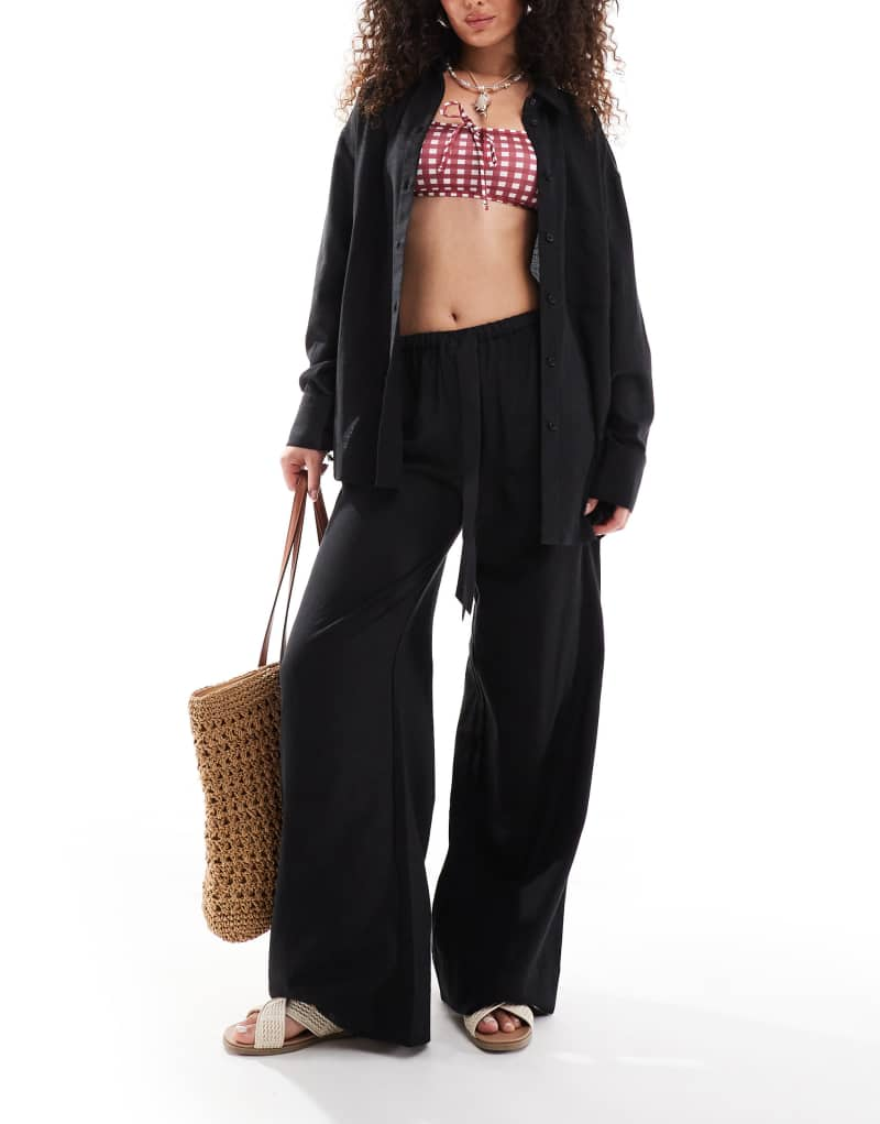 ASOS DESIGN Isabel mix & match linen mix tie waist beach pants in black Asos Design