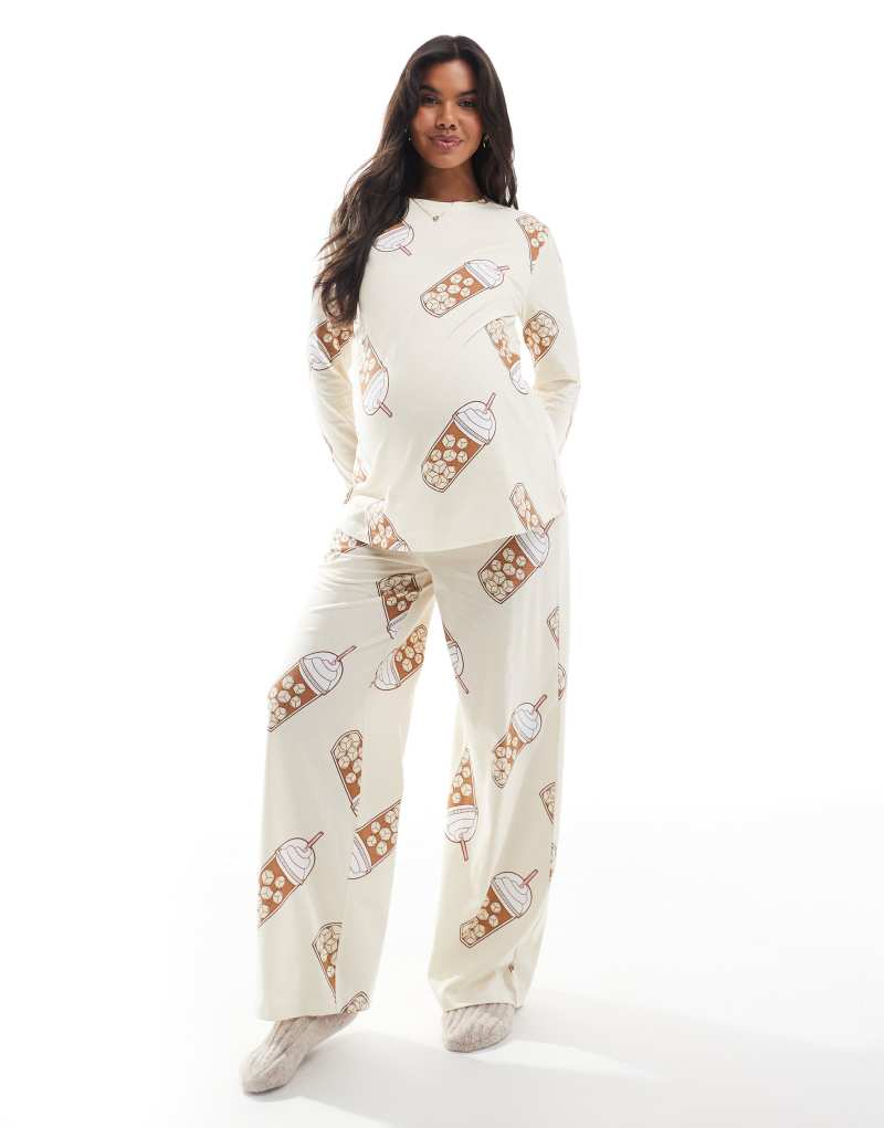 ASOS DESIGN Maternity Iced coffee long sleeve top and pants pajama set in beige ASOS Maternity