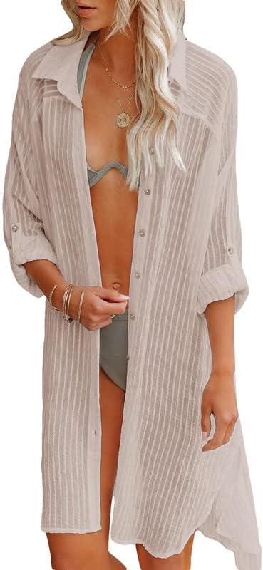 Dokotoo Womens 2023 Button Down Long Sleeve Side Split Swimsuit Swim Cover Ups Kimonos Cardigans Beach Shirt Dress Dokotoo