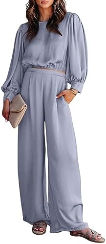 Dokotoo 2 Piece Outfits for Women Casual Balloon Sleeve Crewneck Crop Tops and Elastic Waist Wide Leg Pants Sets Dokotoo