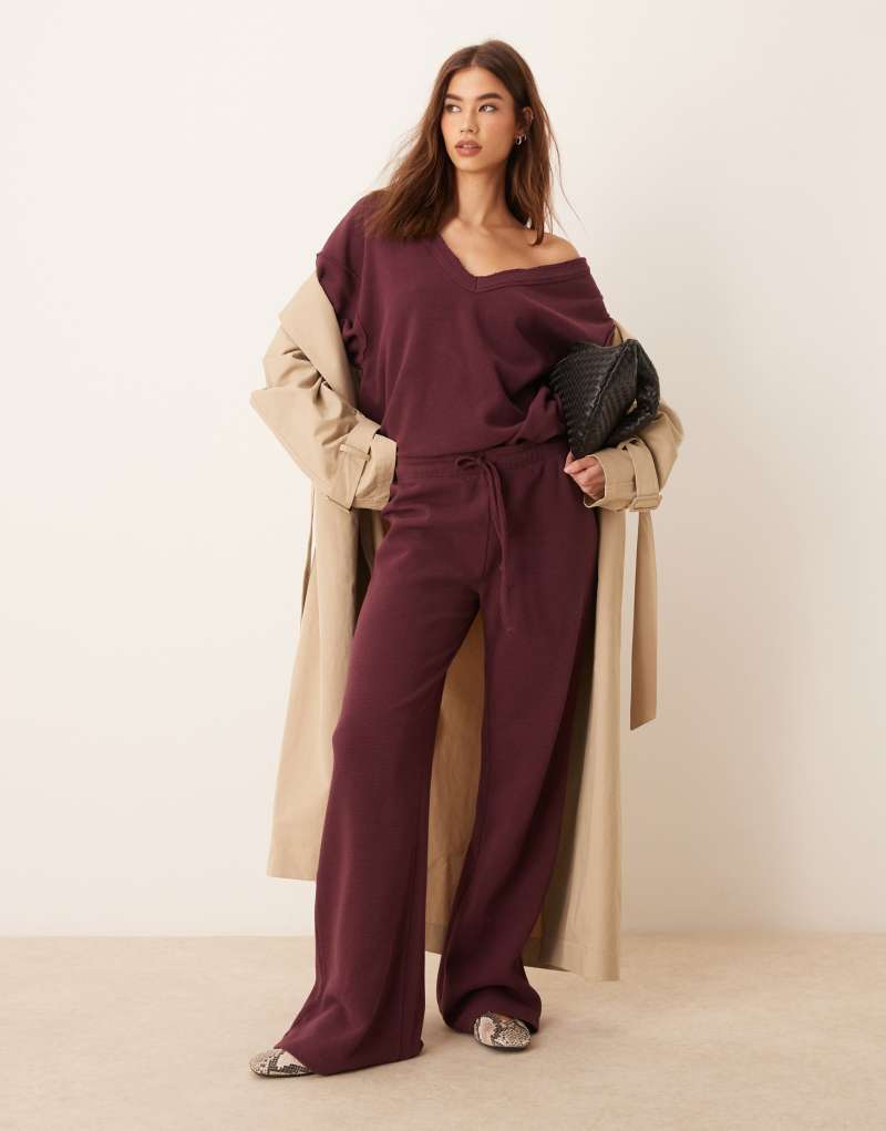 ASOS DESIGN waffle flared pants in burgundy - part of a set Asos Design