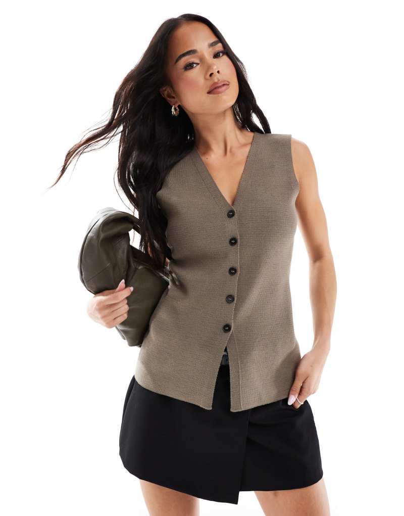 ASOS DESIGN knitted structured vest with contrast buttons in mocha Asos Design