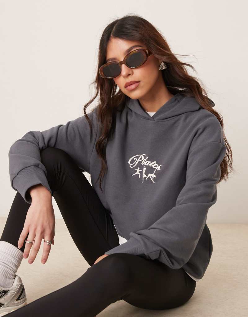 ASOS DESIGN pilates puff print hoodie in slate gray Asos Design