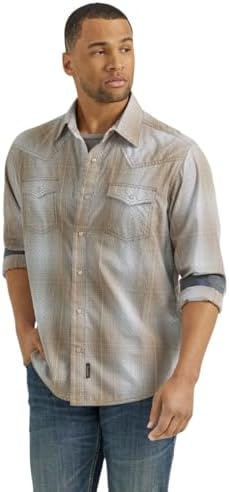 Wrangler Tan/Blue Plaid Retro Premium Men's Collared Longsleeve Western Snap Shirt 112352879 Wrangler