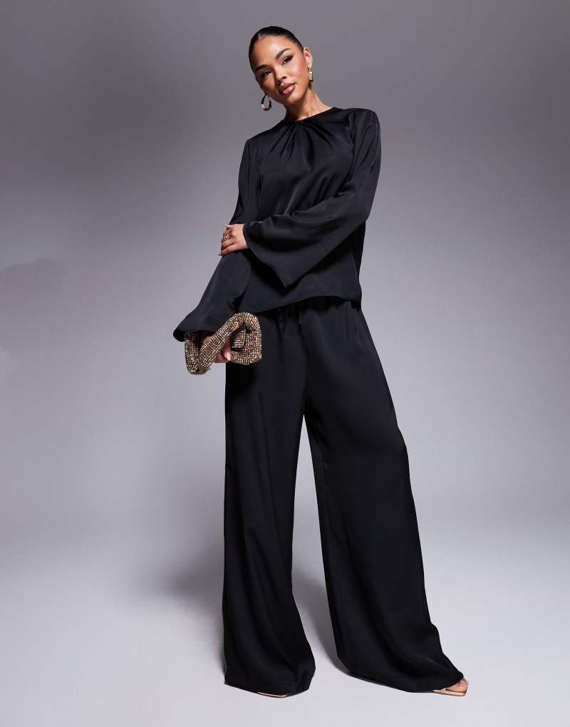 ASOS DESIGN wide leg satin pants in black - part of a set Asos Design