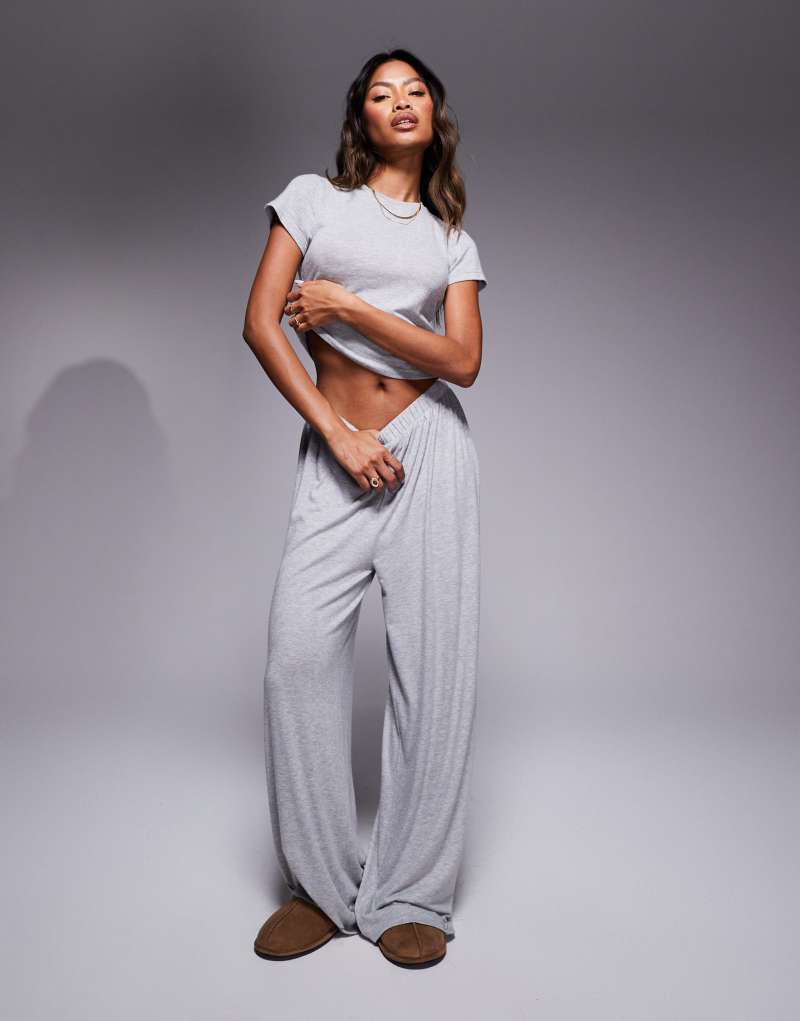 ASOS DESIGN lounge sheer baby tee & wide leg pants in gray heather Asos Design