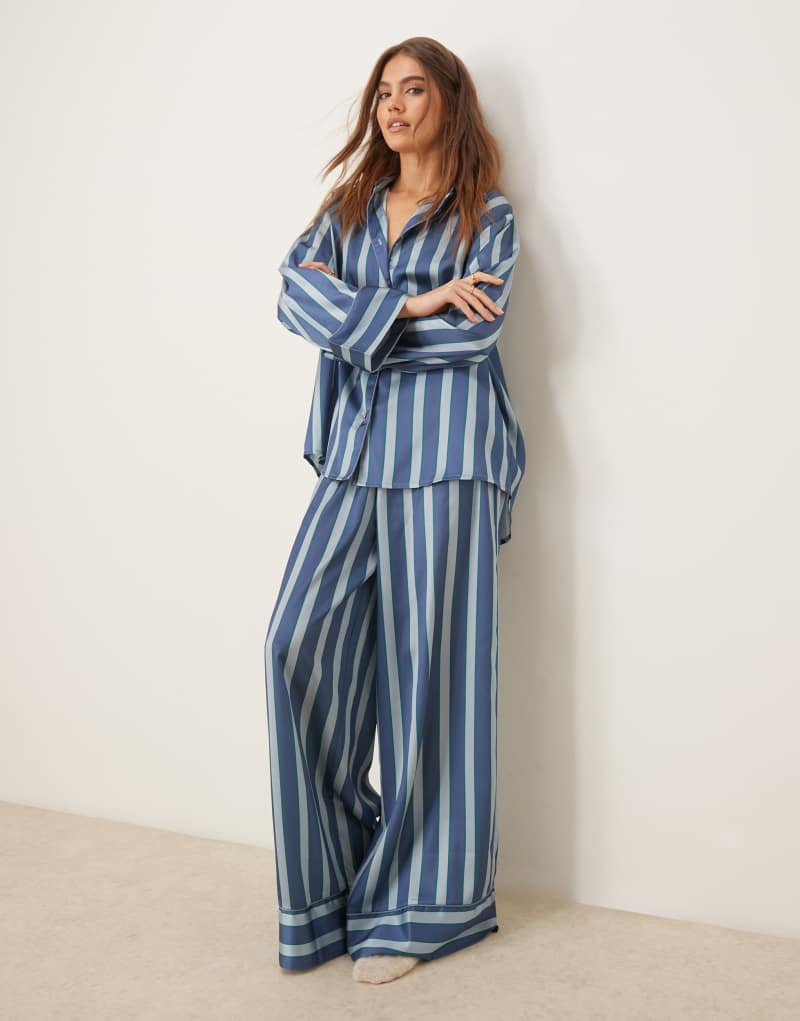 ASOS DESIGN oversized satin stripe shirt and pants pajama set in blue stripe Asos Design