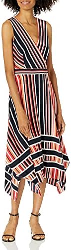 KARL LAGERFELD Women's Striped Hammered Crepe Asymmetrical Hem Midi Dress Karl Lagerfeld