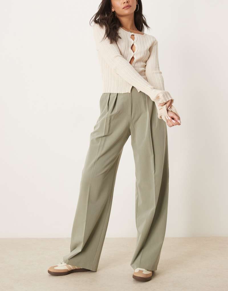 ASOS DESIGN tailored wide leg pants with pleat detail in khaki Asos Design