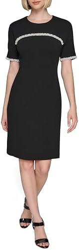 KARL LAGERFELD Women's Pearl Trim Short Sleeve Round Neck Sheath Dress Karl Lagerfeld